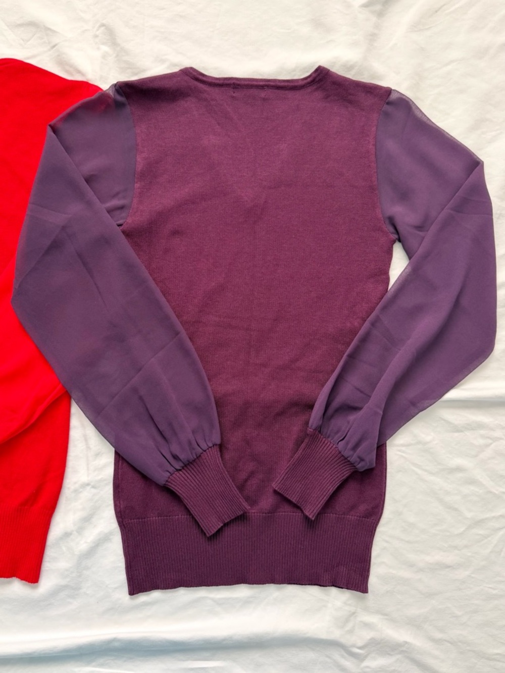 VENUS Bundle | 2 Sheer Sleeve Stretch Knit V-Neck Sweaters | Red & Purple | XS - Picture 10 of 16